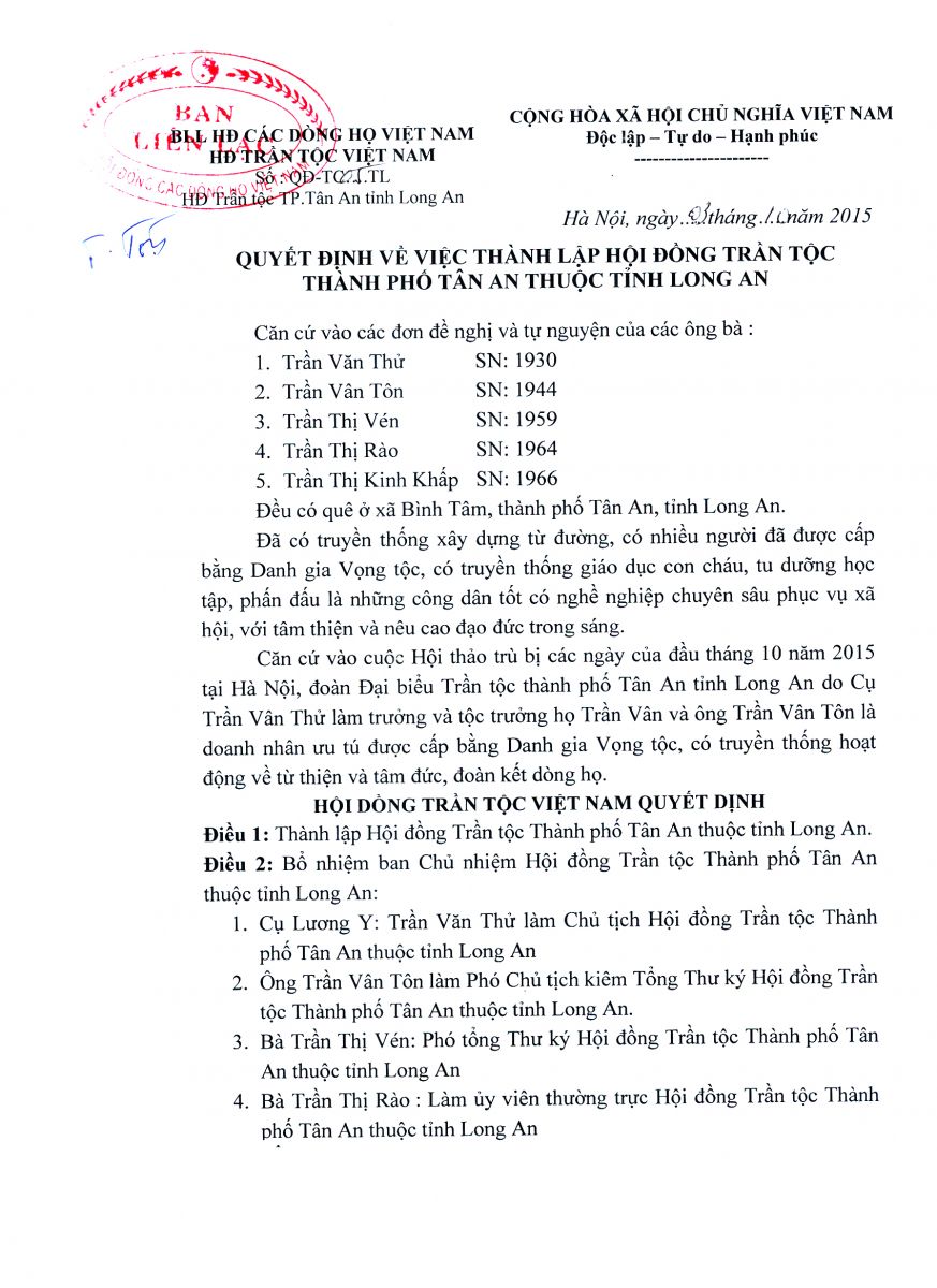 Quyết định của hội đồng Trần tộc Việt Nam